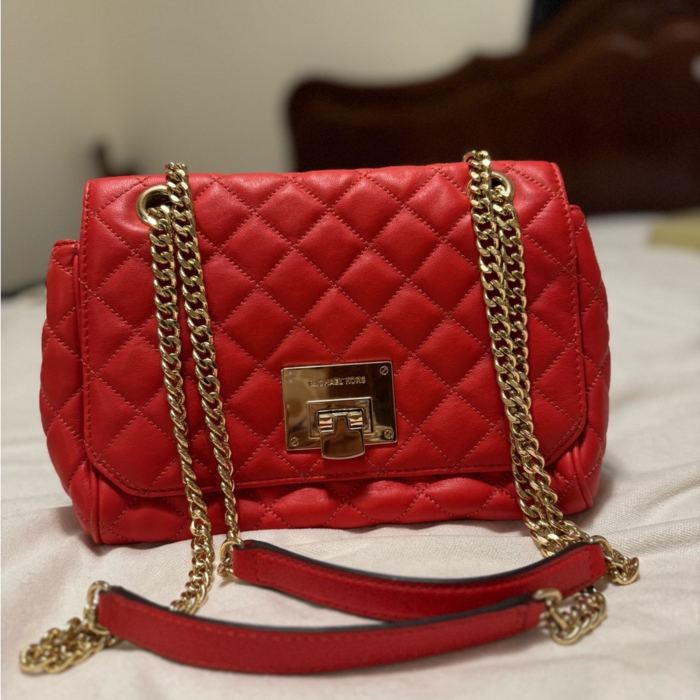 Michael Kors Red Quilted Shoulder Bag with Gold Chain